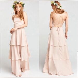Show Me Your Mumu Calypso Ruffle Maxi Dress Pale Blush size Small MSRP $250
